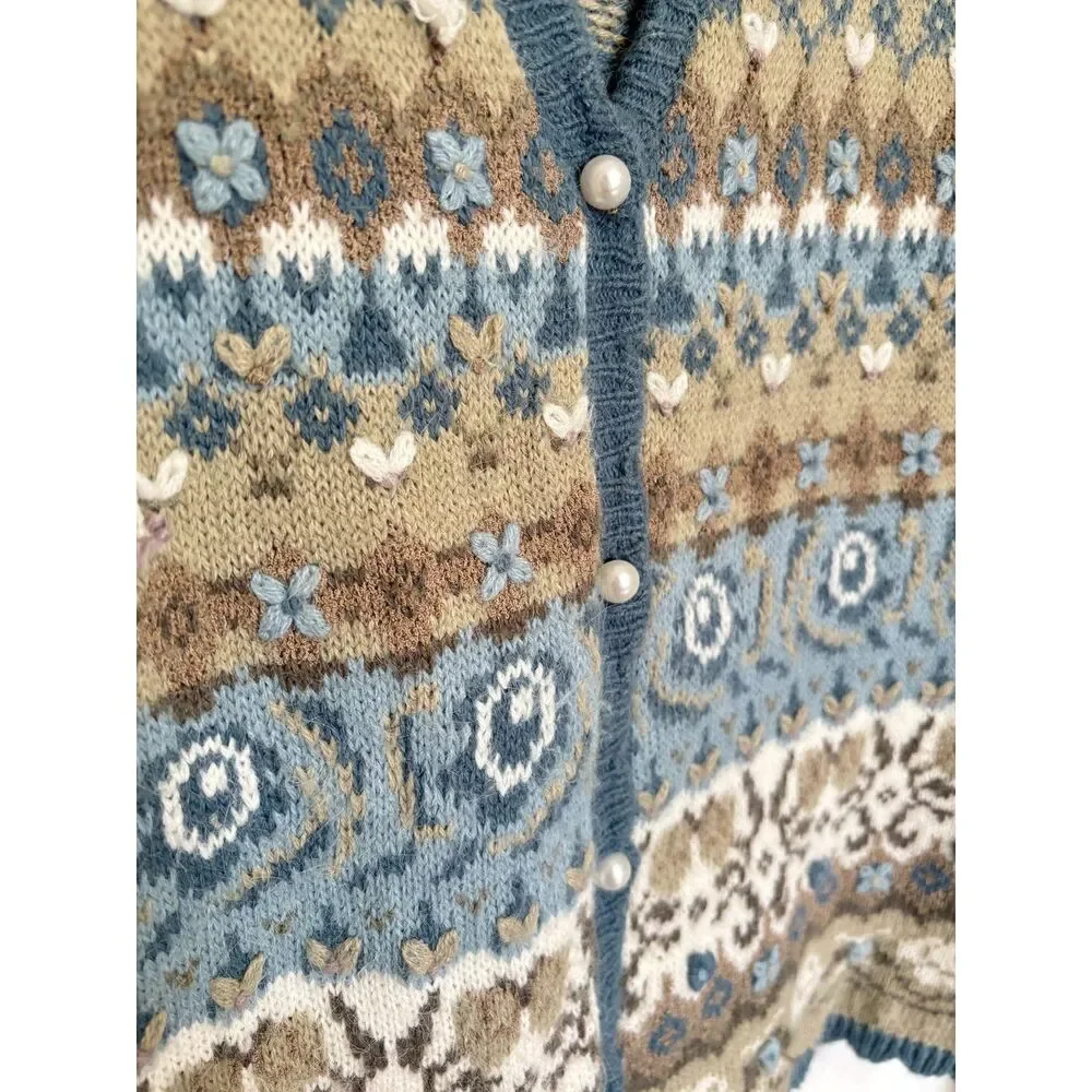 VTG Style Koret Fair Isle Sweater Vest Blue Tan Floral‎ Pearl Button M Academia